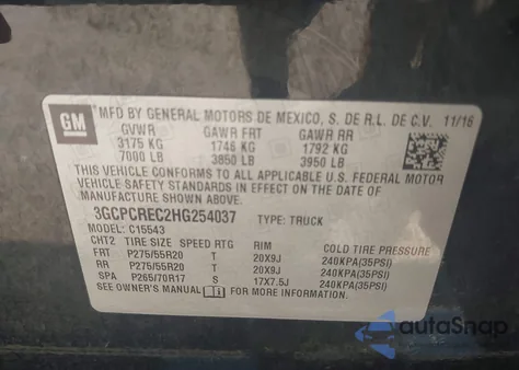 2017 Chevrolet Silverado 1500 1Lt из США, поврежденный, VIN 3GCPCREC2HG254037